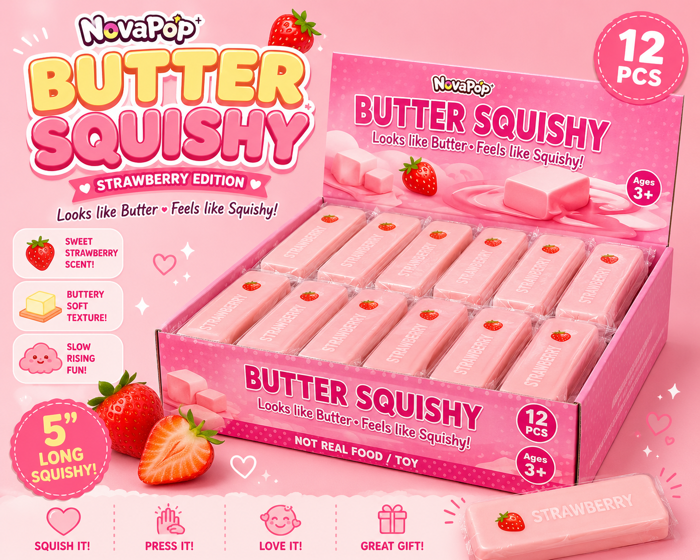 NovaPop Squishy Butter Strawberry – Slow Rise Sensory Toy