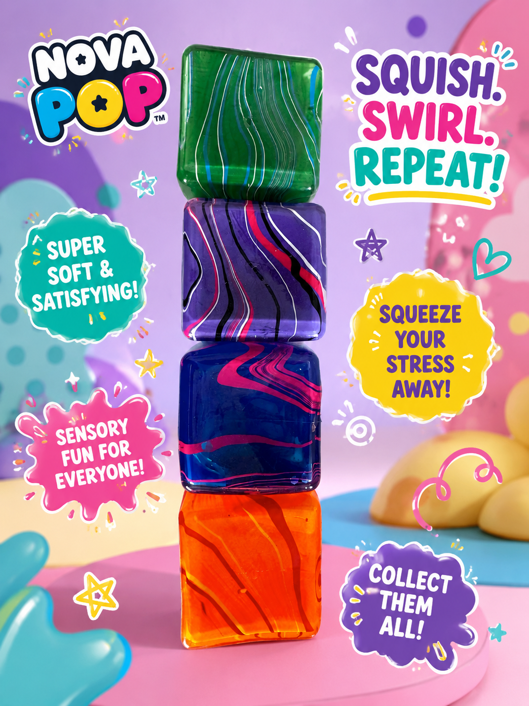NovaPop Swirl Cube Squishy Toys – Assorted Colors