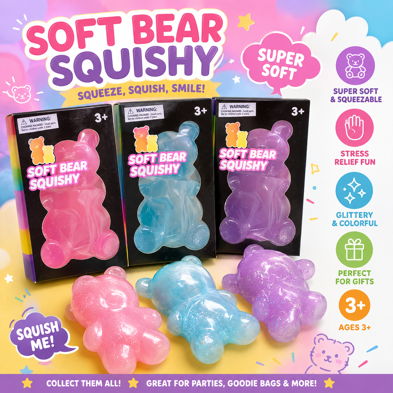 NovaPop Bear Squishy Toys – Assorted Colors
