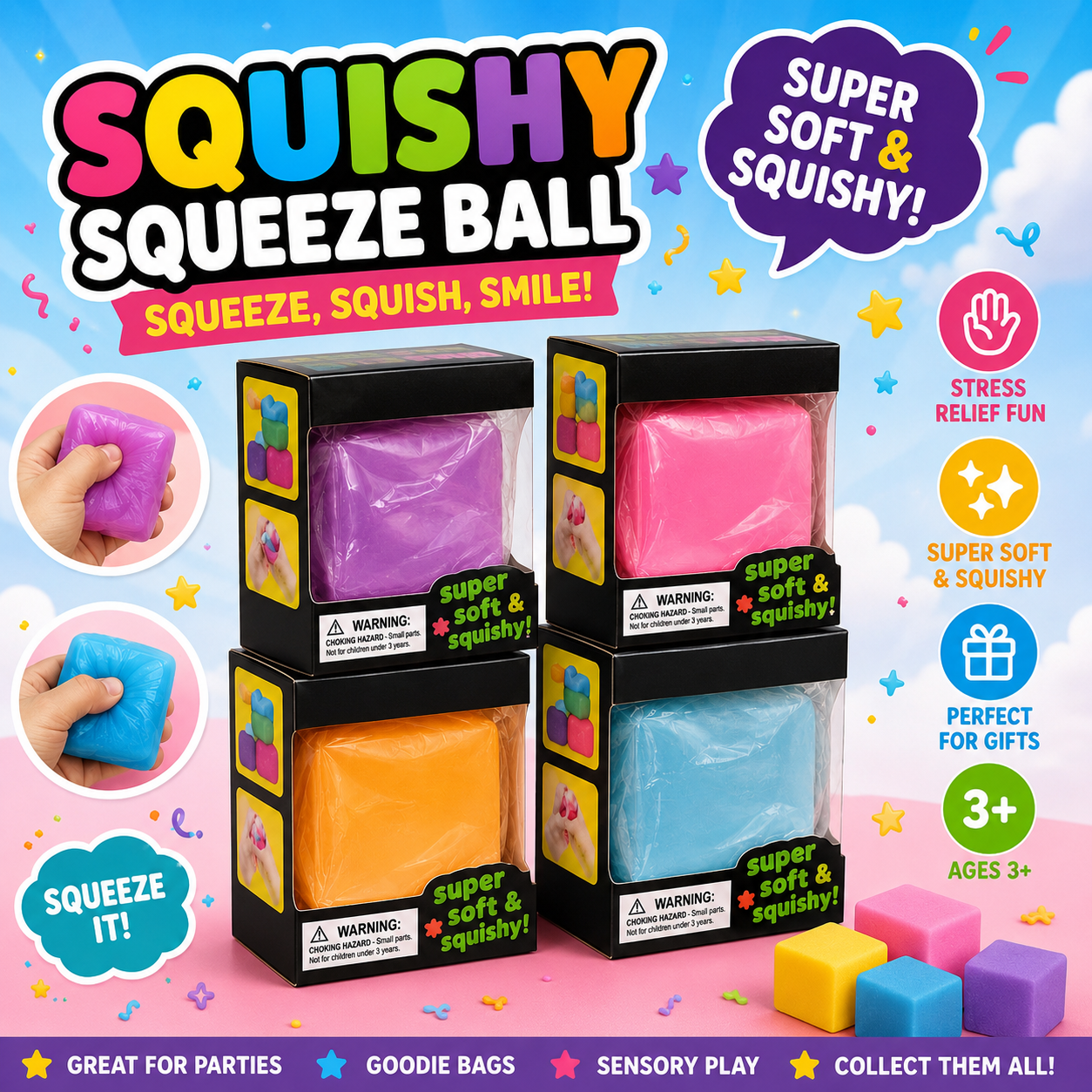 NovaPop Solid Cube Squishy Toys – Assorted Colors
