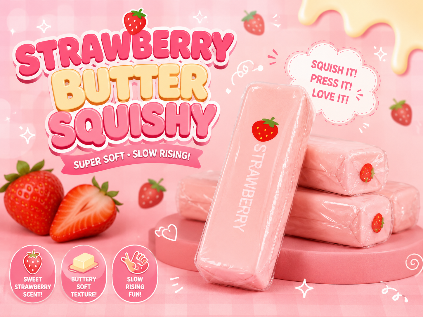 NovaPop Squishy Butter Strawberry – Slow Rise Sensory Toy